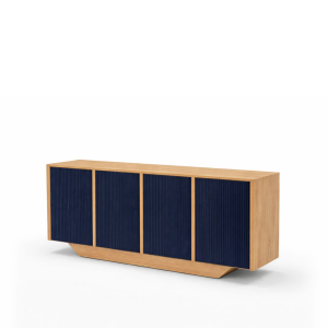 Natural Oak Slatted Sideboard with Deep Navy Slats-Oblique